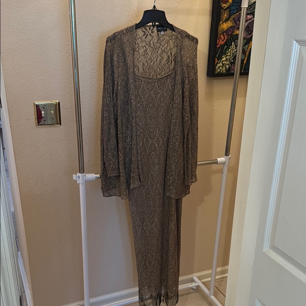 Dark gold  knit Dress with Jacket. Subdued sparkle.